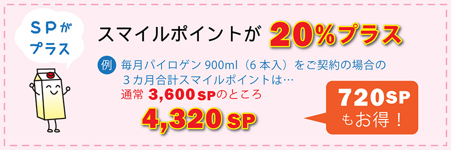 毎月パイロゲン900ml(6本入)ご契約時の3ヵ月のSP合計は720spもお得